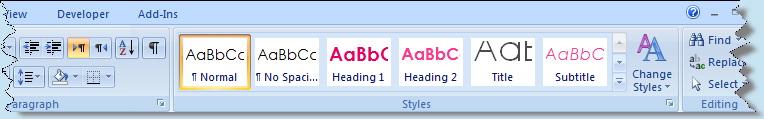 The Word 2007 Ribbon Home Tab showing the Verve Theme