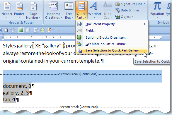 Screenshot: Ribbon selection of Quick Parts Screenshot: Ribbon selection of Quick Parts