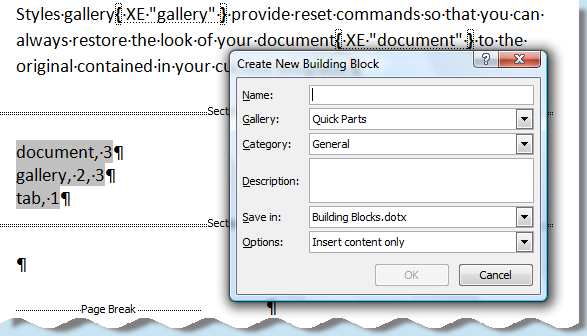 Screenshot: Quick Parts Dialogue Screenshot: Quick Parts Dialogue