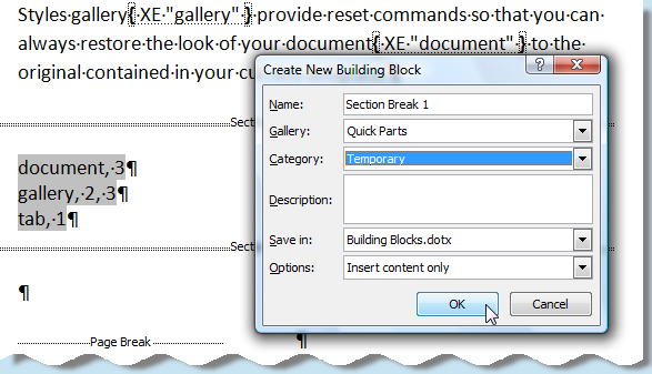 Screenshot: Quick Parts Dialogue (3) Screenshot: Quick Parts Dialogue (3)