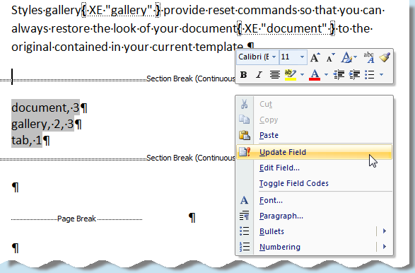 Screenshot: Updating the Index Field Screenshot: Updating the Index Field